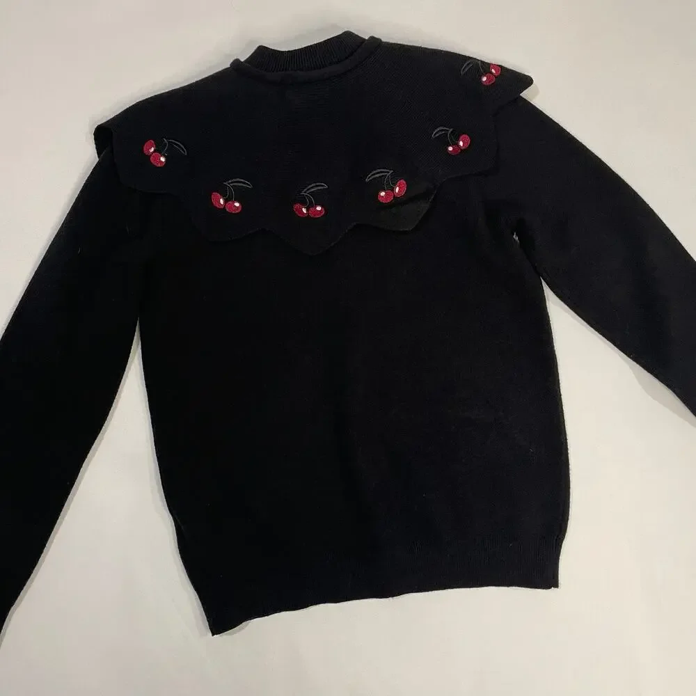 Girls Black Cardigan Sweater with Cherry Peter Pan Collar Tie Neck Size 12‎